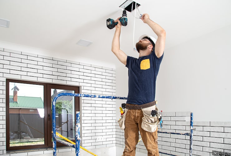 electrician-builder-work-installation-lamps-height-professional-overalls-with-drill-repair-site_169016-8625