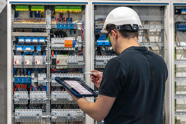 man-electrical-working-switchboard-with-fuses-uses-tablet_169016-51765