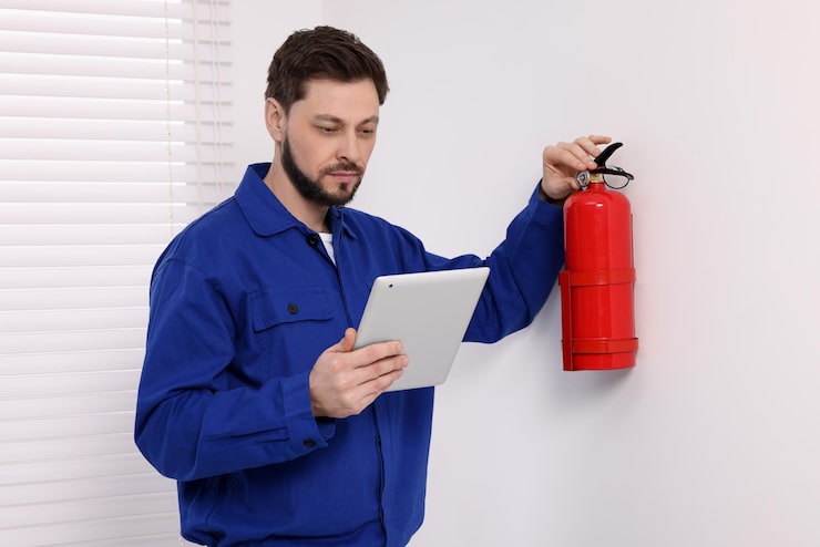 man-with-tablet-checking-fire-extinguisher-indoors_1339860-414