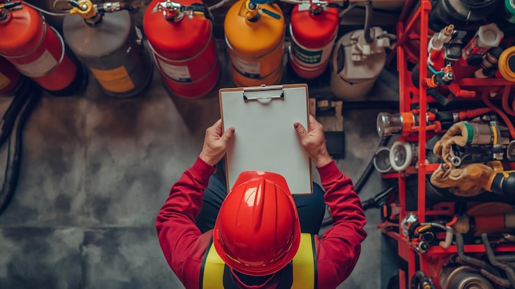 safety-officer-worker-checking-fire-extinguisher-warehouse-industrial-fire-system-control-check-by-professional-engineer-write-clipboard_3322-1649